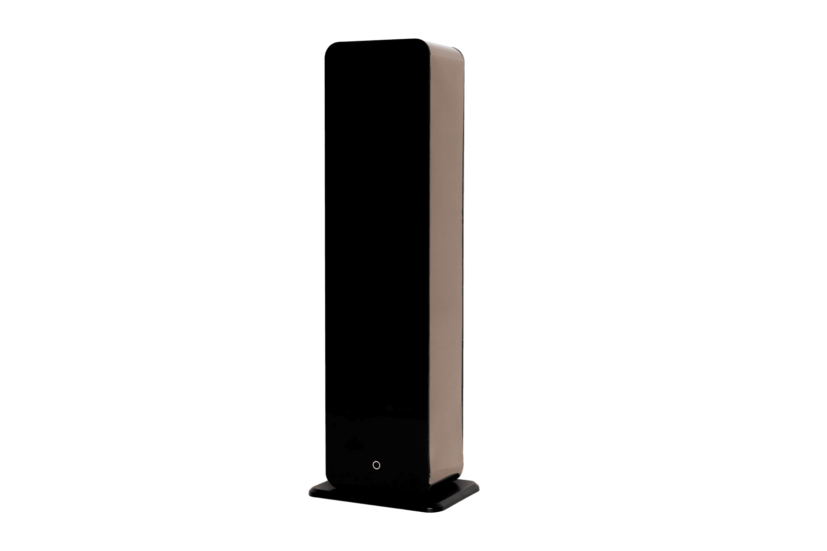 A tall brown speaker on top of a green background.